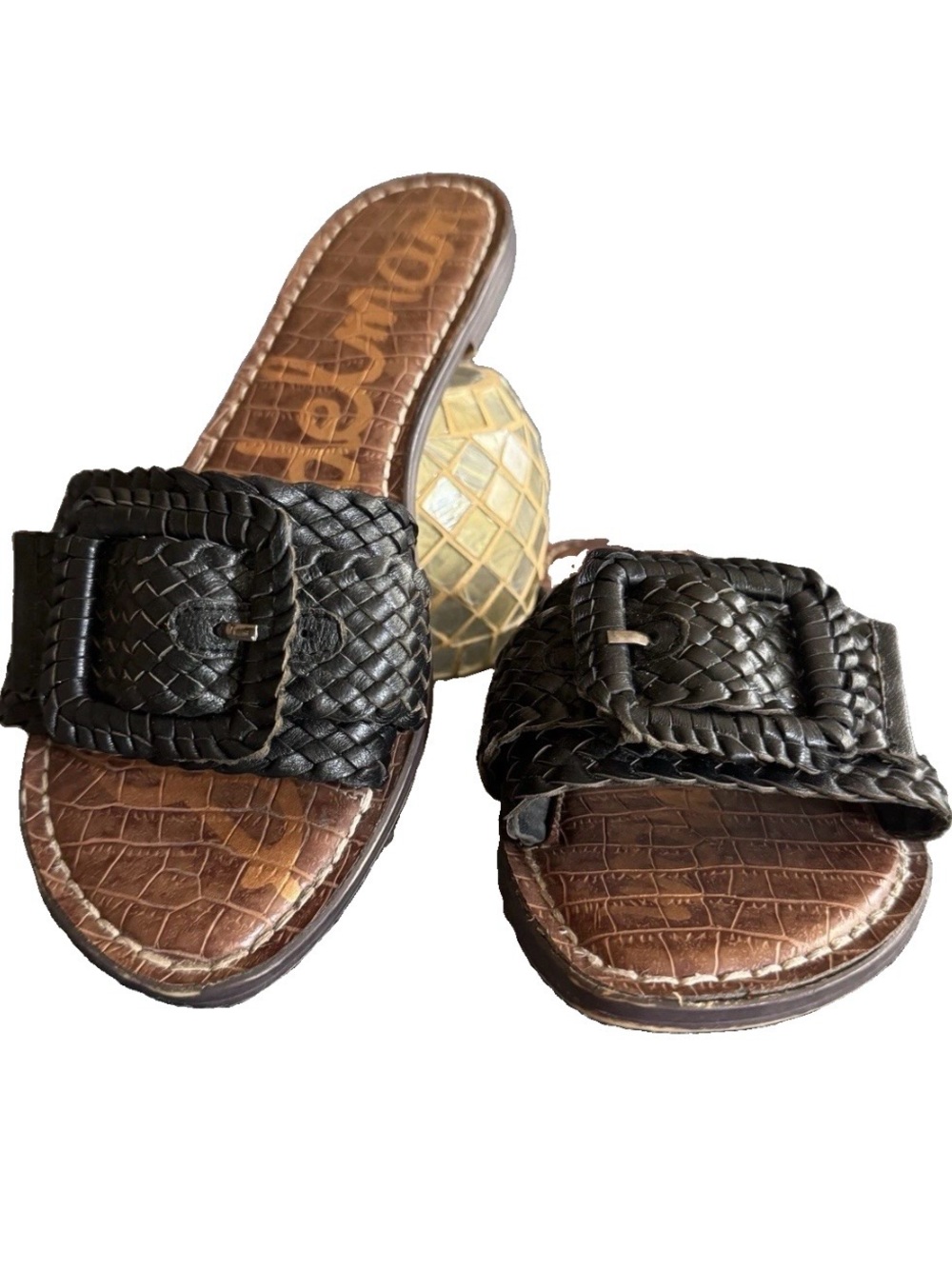 Sam Edelman Gabriela Sandals 9 Black Woven Leather Oversized Buckle Slides